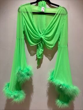 Wicked Chamber* Neon Green Sheer Tie-Front Top with Feather Cuffs- one size